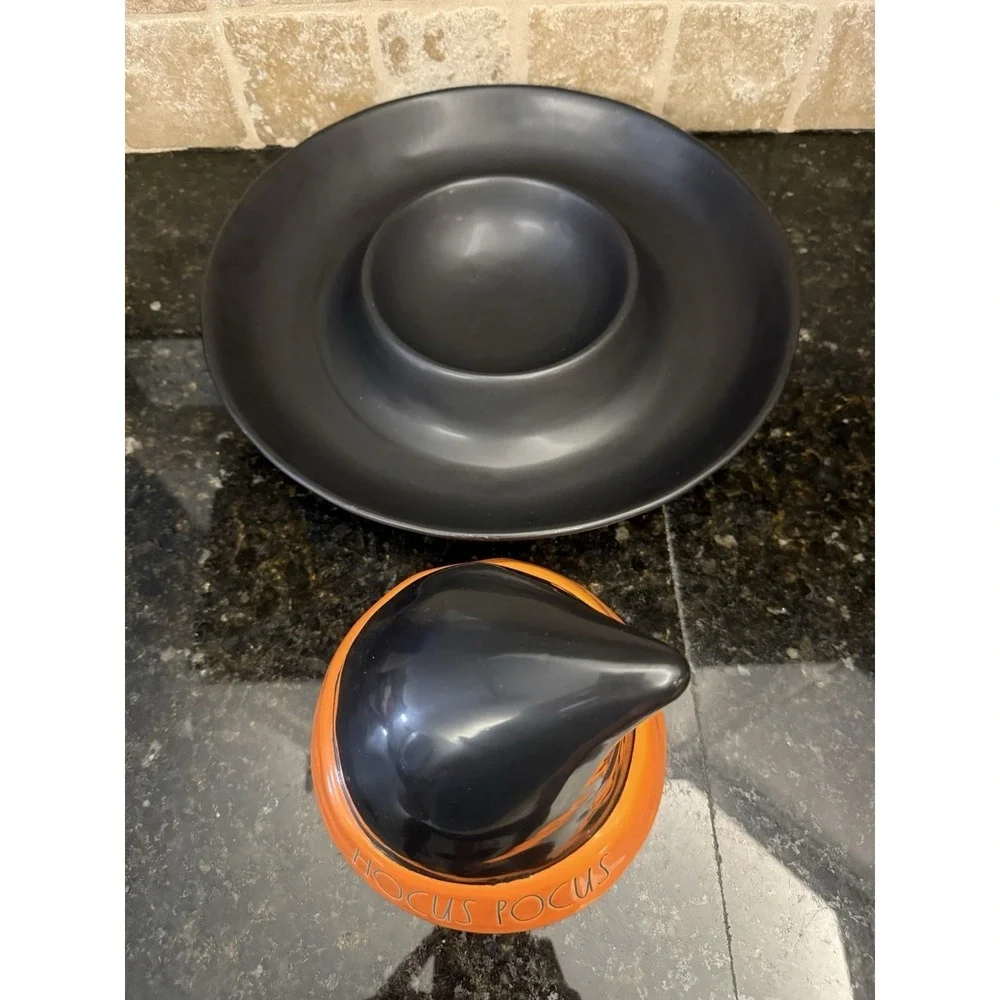 Rae Dunn HOCUS POCUS Halloween Black Orange Chip Dip Tray Removable Hat 10
